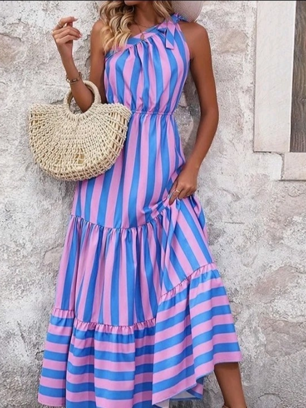 NWT Pretty Garden Striped Pink & Blue One-Shoulder Tiered Maxi Dress, XL